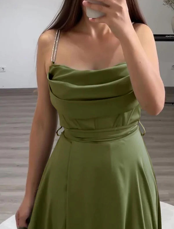 Luolandi A-Line Evening Gown Elegant Dress Formal Floor Length Sleeveless Spaghetti Strap Italy Satin